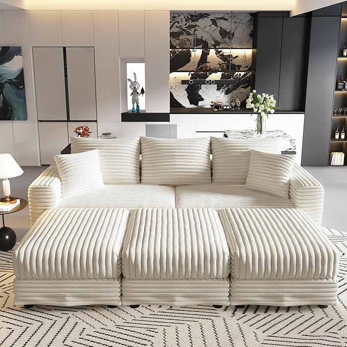 82.7'' Oversized Corduroy Couch Modular Sectional Sofa with 3 Ottomans Sleeper Sofa Bed Full Size Upholstered 3 Deep Seat L Shape Sofa Convertible Cloud Couches for Living Room Beige