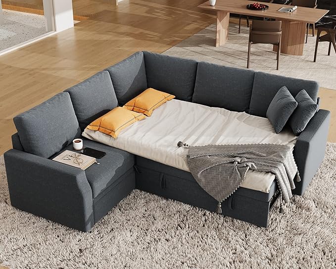 Jocisland Sofa Bed 85 Inch Sleeper Sofa with Pull Out Bed &amp Storage Seat Oversized L Shape Sectional Sofa for Living Room Apartment Grey Linen Reversible Couch
