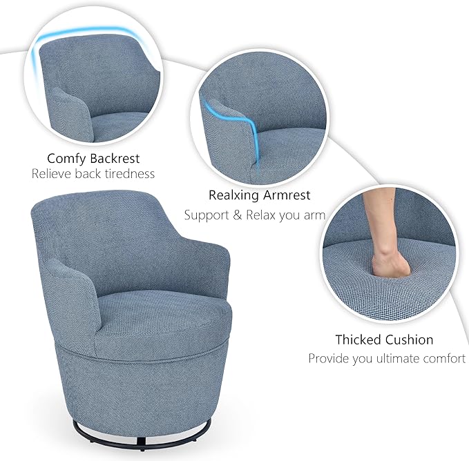 Swivel Accent Chair with Ottoman Fabric Small Barrel Chair with Footstool Modern Round Bedroom Chair for Living Room Blue