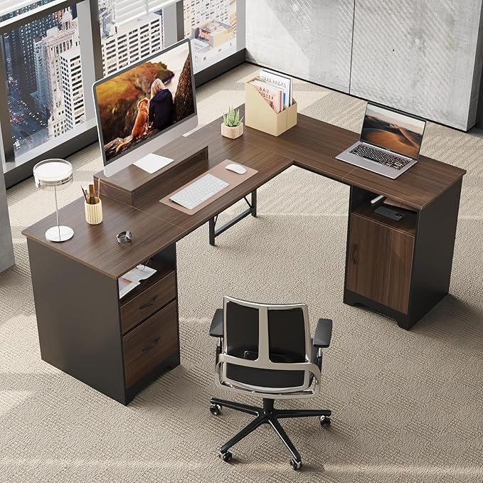 Bestier L Shaped Desk with File Drawers 63 x 47 Office Computer Desk with Storage Cabinet Corner Desk with Monitor Stand &amp Modesty Panel for Home Office Cherry