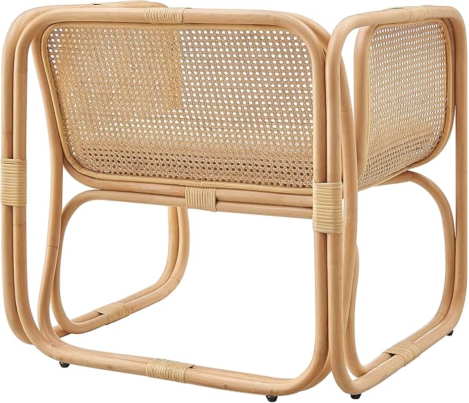 Ellis Natural Rattan Accent Armchair in Natural – Curved Low Lounge Chair with Cushioned Seat for Living Room Sunroom or Covered Patio