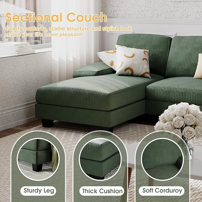 Furniwell Convertible Sectional Sofa Couch 4 Seat Sofa Set for Living Room U-Shaped Modern Fabric Modular Sofa Sleeper with Double Chaise &amp Memory Foam (Corduroy Deep Green)