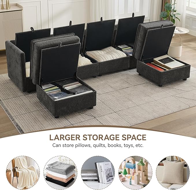 105 Cloud Modular 4 Seater Sofa with 2 Storage Ottoman Modern Upholstered Sofa Storage Sofa Couch Deep Seat U Shape Sectional Sofa Chenille Comfy Couch with Armrests for Living Room Dark Grey | Mo