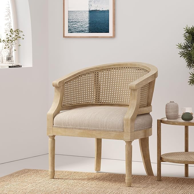 Merax French Country Accent Chair with Curved Back Farmhouse Rubber Wood Armchair for Living Home/Dining Room/Balcony/Patio Beige
