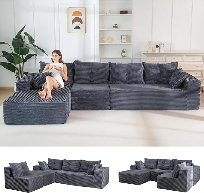 MAXYOYO 132 Oversize Modular Sectional Couch with L-Shape Chaise Modern Boneless Couch for Living Room Sofa in A Box Oversized Sofa Sleeper with Deep Seat No Assembly Required Dark Grey