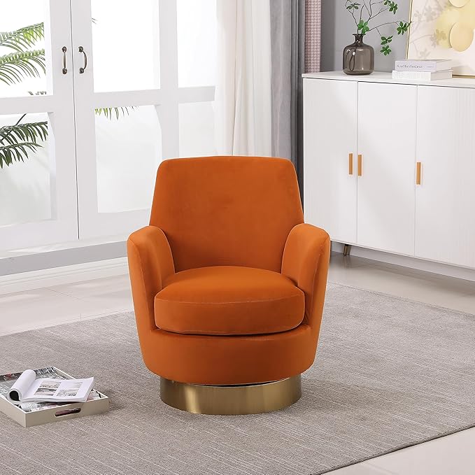 Velvet Swivel Barrel Chair Armchair for Living Room Reading Chairs for Bedroom Comfy Round Barrel Chairs with Gold Stainless Steel Base for Living Room Bedroom Reading Room (Orange)