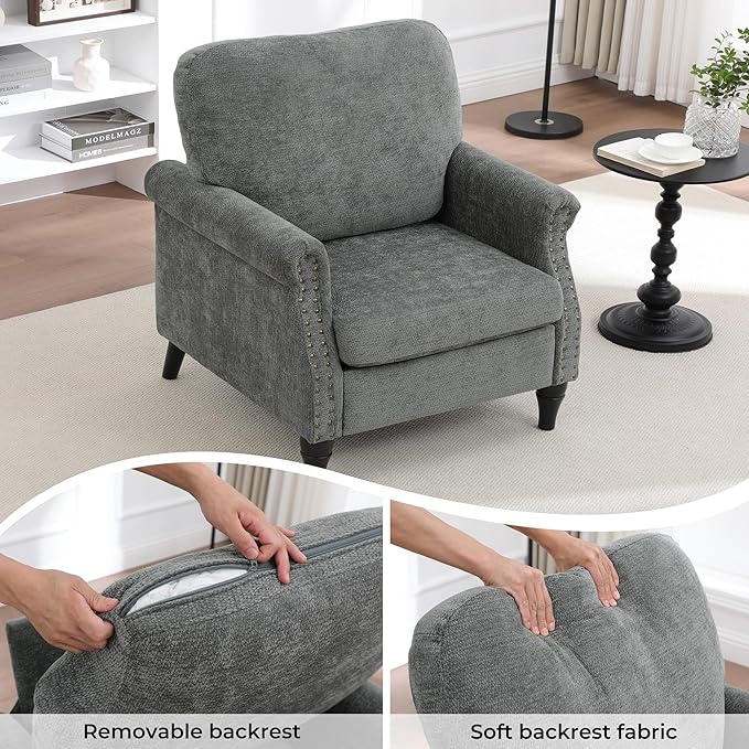 Accent Chair for Living Room Modern Mid Century Reading Chair Armchair High Back Upholstered Armchair with Wooden Legs for Office Apartment Small Room 1PCS LIGHTGREY