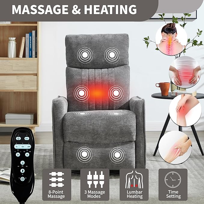 Small Swivel Rocker Recliner Chair for Nursery Heat &amp Massage Manual Upholstered 360° Fabric Glider Chair Small Recliners for Small Spaces Living Room (Dark Grey)