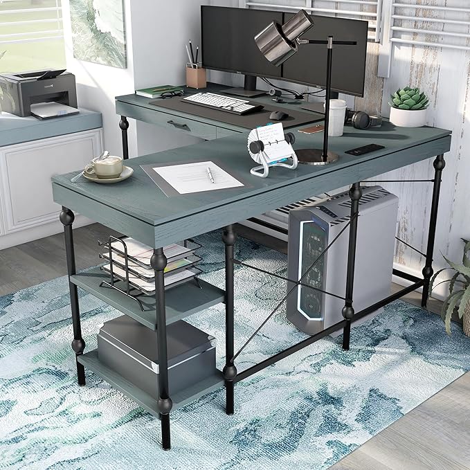 24/7 Shop at Home Monier Farmhouse Metal 2 Shelves Corner Computer Desk with USB Port Power Outlet 1 Drawer for Workstation Home Office Study Room Antique Blue