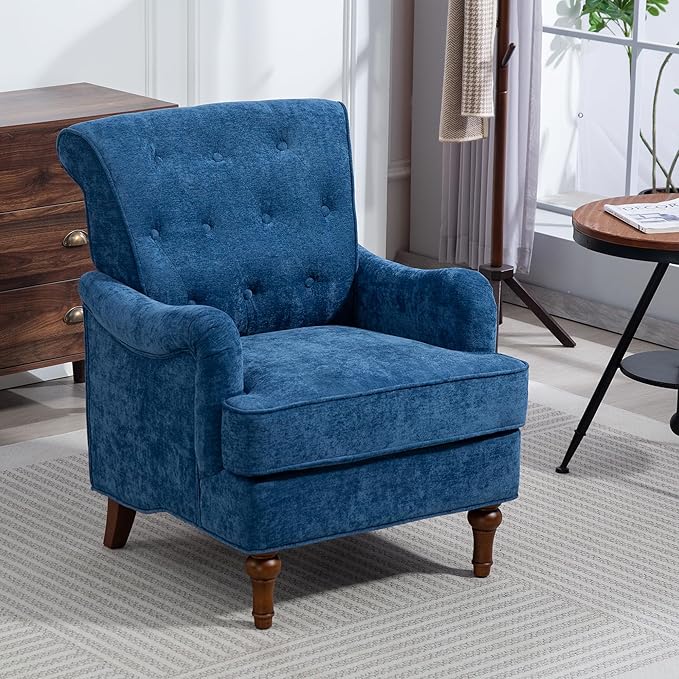 JOSHEN 35.5 Chenille Club Accent ChairUpholstered Fabric Sofa ChairReading Chair with Springs Cushions and Retro Wooden Legs for Living RoomBedroomOfficeBlue