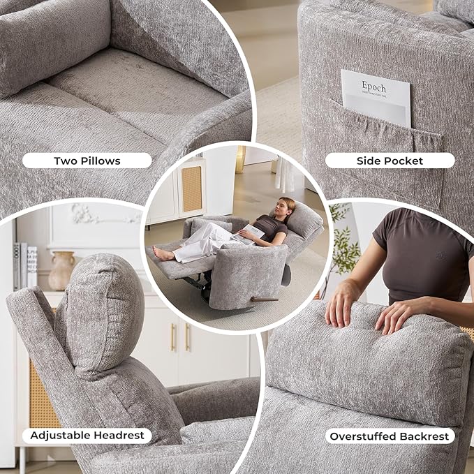Oversized Swivel Rocker Recliner with Massage and Heat Rocker Nursery Recliner for Adults with Adjustable Headrest 26 Extra Wide Nursery Chair with 2 Pillows Light Grey