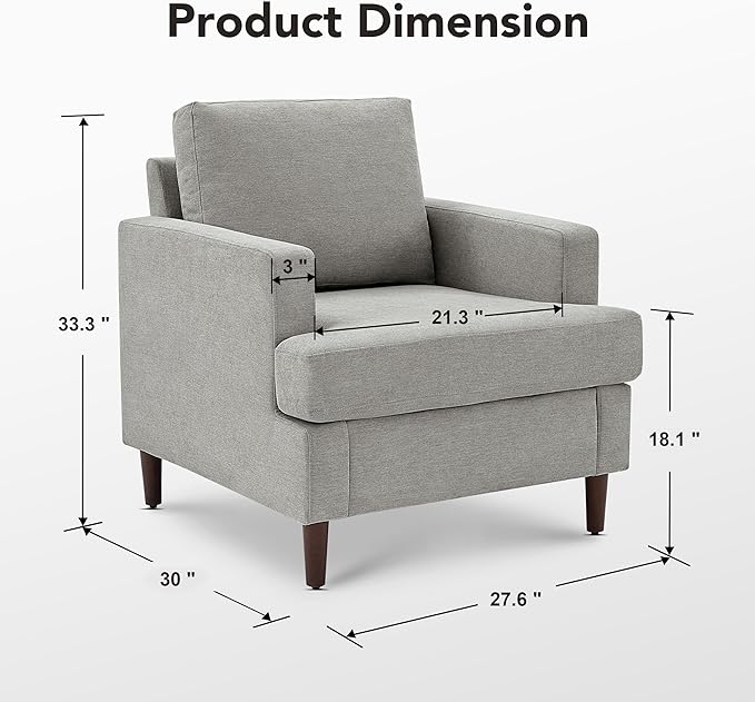 Mid-Century Accent ChairModern Linen Fabric Armchair for Living RoomComfy Upholstered Reading Accent Chairs for BedroomSingle Sofa Chair with Wood Legs (Light Grey 1 Pack)