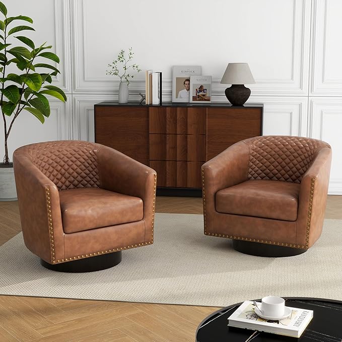 Swivel Barrel Accent Chair Set of 2 Comfy Modern Upholstered Round Faux Leather Arm Chair for Living Room Bedroom - Brown