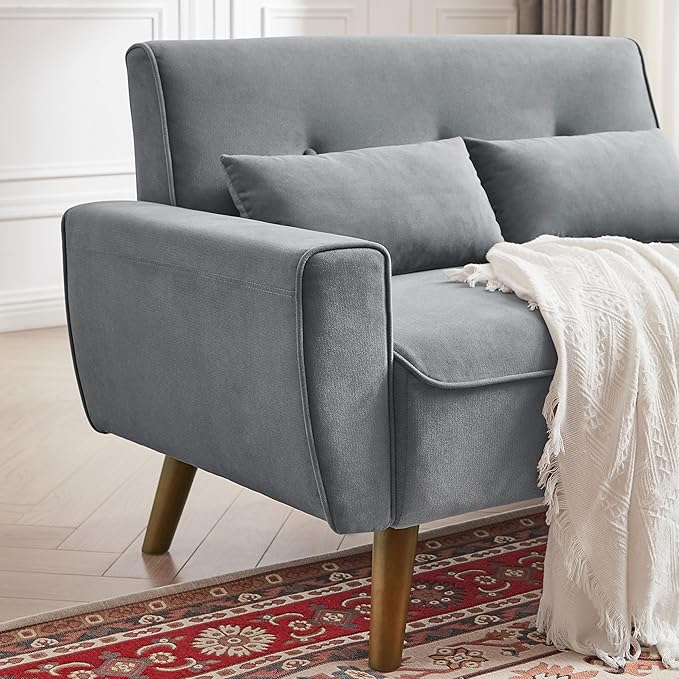 48 Small Loveseat Sofa Modern Linen Fabric Love Seat Couch Upholstered 2-Seat Sofa with 2 Pillows and Wood Legs for Living Room Apartment Bedroom and Small SpacesLightGrey