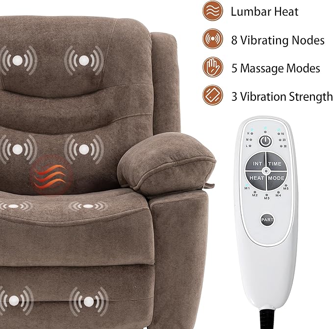 Power Swivel Rocker Recliner with Massage and Heat USB Port Infinite Position Oversized Electric Glider Rocking Chairs Living Room Soft Fabric Reclining Sofa Chair(Mocha)