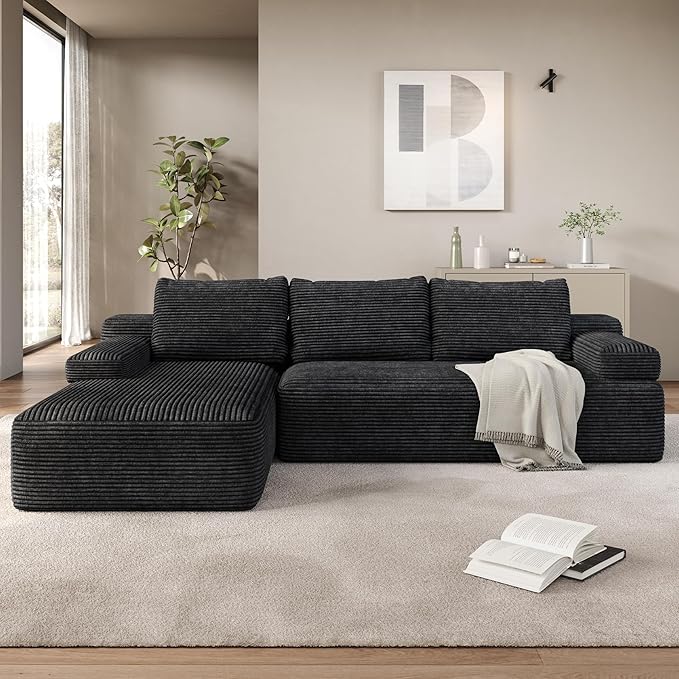 Yaheetech 110 Modular Sectional Sofa Corduroy Boneless Couch with Chaise L-Shape Cloud Couch with Detachable Pillows No Assembly Sofa for Living Room Dark Gray