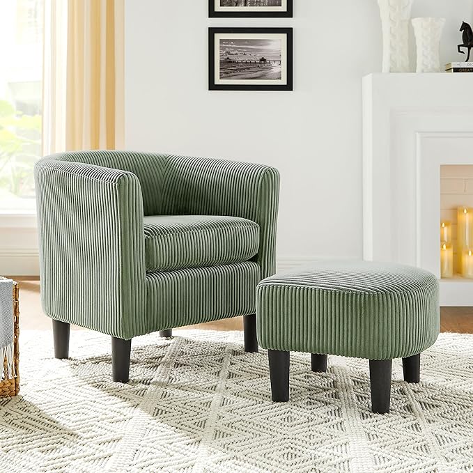 Modern Accent ChairUpholstered Arm Chair Corduroy Single Sofa Chair with Ottoman Foot Rest Comfy Armchair for Living Room Bedroom and OfficeYellow (Green)
