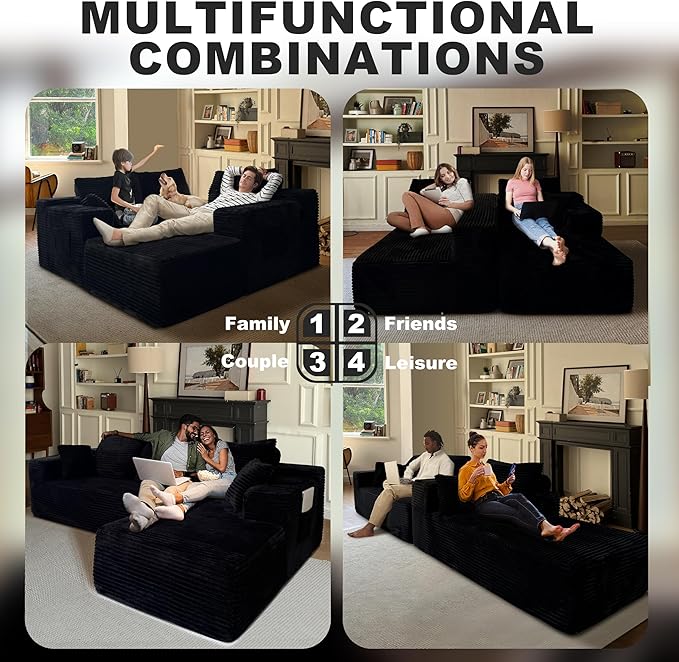 106'' Cloud Sectional Couch L-Shape Couch with Deep Seat Sectional Sofa Living Room Sofa No Assembly Required Black Right Chaise Corduroy Fabric