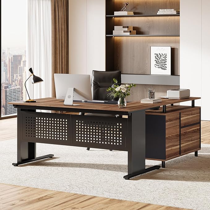 Tribesigns 63-Inch L-Shaped Executive Desk with Storage Shelves Large Office Computer Desk with Drawers and File Cabinet Industrial Business Workstation for Home Office Brown and Black