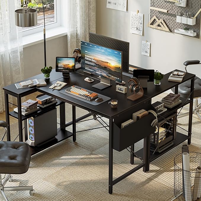 Grandder L Shaped Computer Desk with Reversible Shelves 47 Inch Small Corner Desk with Storage Bag Gaming Desk Computer Table Study Writing Table for Home Office Bedroom Small Space Black