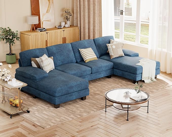 JUMMICO Sectional Couches for Living Room U Shaped Couch with Chenille Fabric 4 Seat Modern Sofa with Removable Pillows for Apartment and Small Space (Fabric Blue)