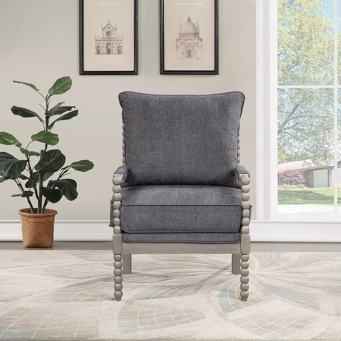 OSP Home Furnishings Abbott Spindle Accent Chair with Padded Spring Seat and Brushed Grey Base Charcoal Fabric