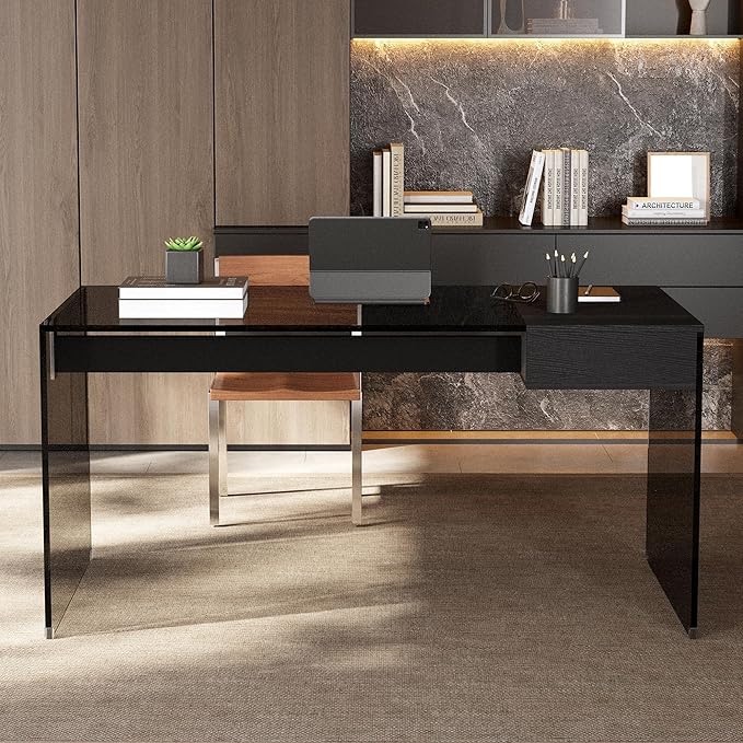 53.14 Modern Tempered Glass Executive Desk with Drawer Black Wood Finish and Tempered Glass Legs – Minimalist Stylish Workstation Table for Home Office