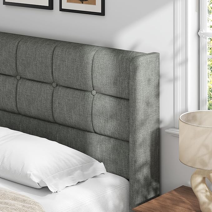 Lifezone Queen Size Lift Up Storage Bed Frame Linen Upholstered Queen Platform with Button Tufted Wingback Headboard and Under-Bed Storage Hydraulic Support No Box Spring Needed Noise Free Grey