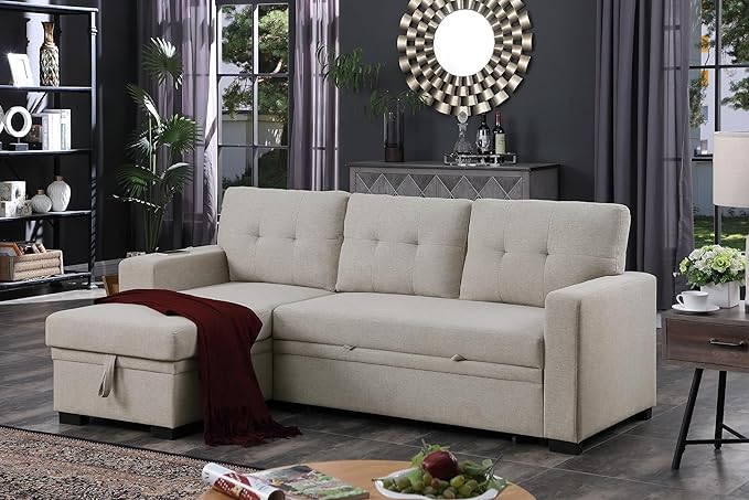 Ball &amp Cast Sectional Sleeper Sofa BedL-Shape Pull Out Couch4 in 1 Pull-Out Sofabed W/Reversible Storage ChaiseUSB Ports &amp Cup HolderConvertible Sleeper Corner Couch W/Pull Out Bedfor Liv