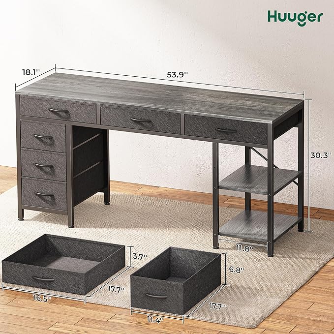 Huuger Computer Desk with 6 Drawers 47 Inch Office Desk with Shelves Reversible Gaming Desk Corner Desk with Storage Work for Home Office Study Living Room Gray