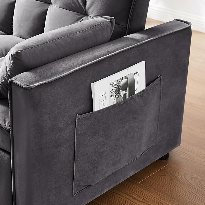 3 in 1 Convertible Sleeper Sofa Bed 55 Pull Out Couches Modern Loveseat Sleeper Sofa with Adjustable Reclining Backrest &amp Side Pockets for Living Room Velvet Fabric Dark Gray
