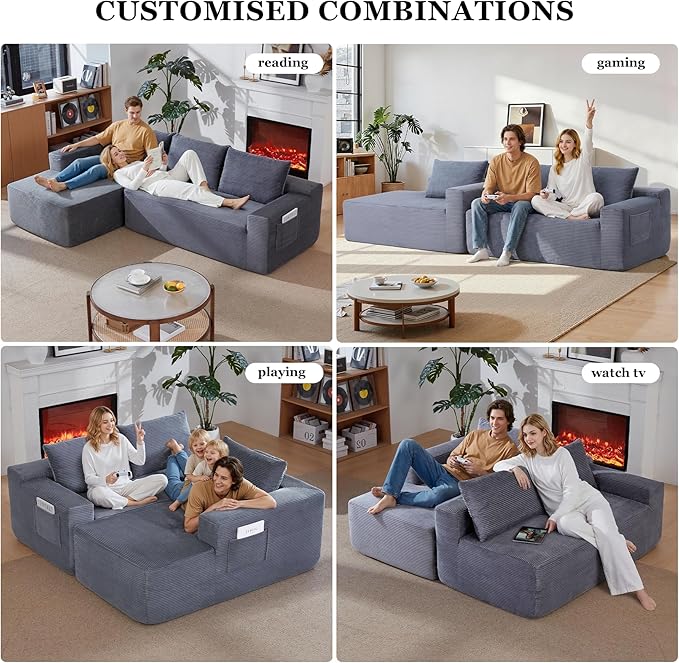 97 Cloud Sectional Couch Modern Boneless Couch with L-Shape Chaise Deep Seat Modular Sectional Sofa Corduroy Corner Foam Couches for Living RoomNo Assembly Required(Blue Gray Right Chaise)