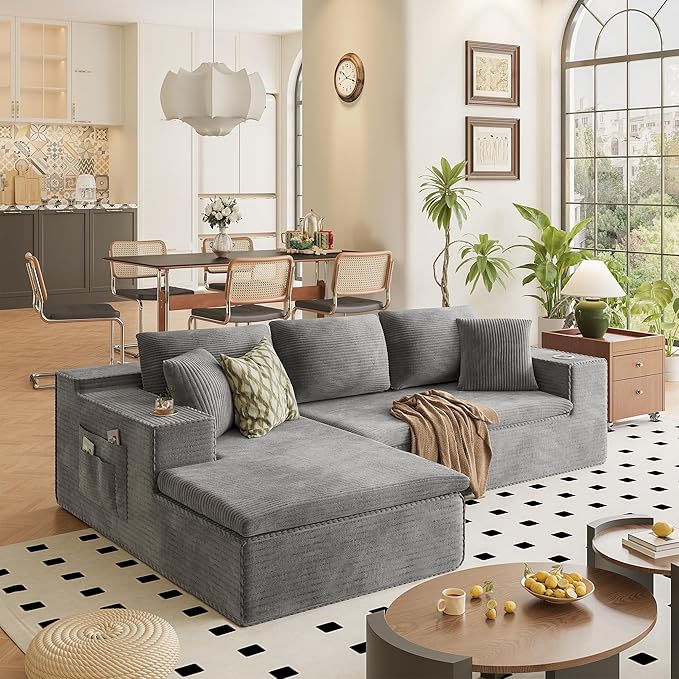 Homall 109 Boneless Couch with Memory Foam Modular Sectional Sofa with L-Shape Chaise Cloud Couch with Deep Seat Dual Cup Holders &amp Side Pockets No Assembly Required (Gray)