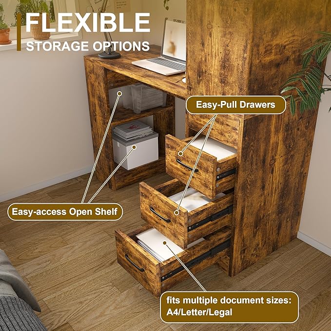 Montary Computer Desk with 4-in-1 Socket &amp 3 Drawers - 4-Tier Storage Shelves Carbonized Wood Finish Compact Workstation for Home Office Study or Bedroom Rustic Brown