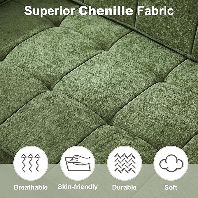 Tbfit 57 Convertible Sofa Bed Chenille Futon Sleeper Sofa Couch with Pullout Bed USB &amp Adjustable Backrest Queen Size Pull Out Loveseat Couches for Living Room Apartment Office Dorm Green