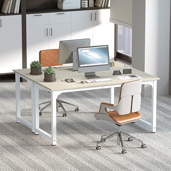 NSdirect Large Office Desk for Home Office Large 63 Computer Desk Table Wide Writing Study Desk for 2 Person Metal Sturdy Frame Thicker Steel Legs (White Oak 63L x 23.6W x 29.5H)