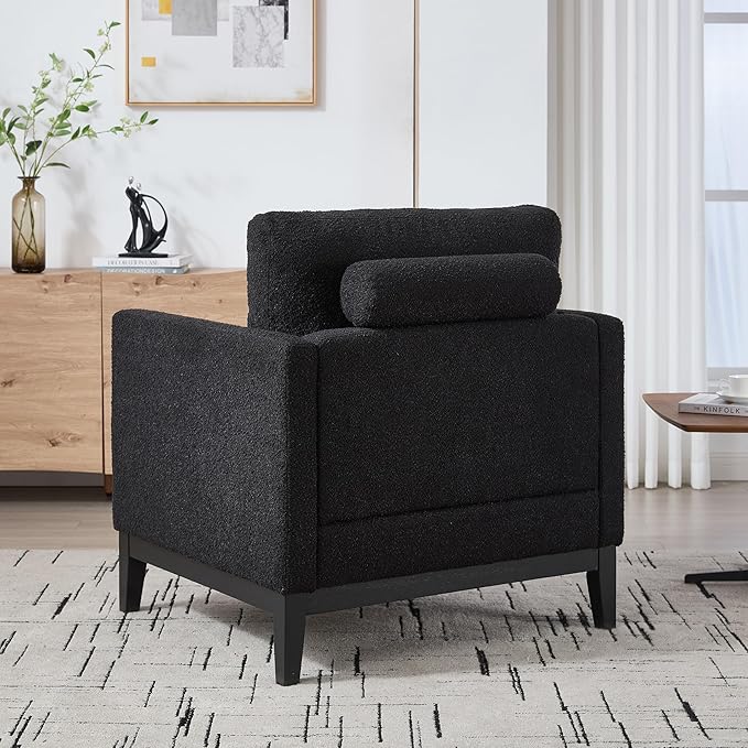 35.4 Modern Boucle Accent Chair with Deep Seat Oversized Wooden Upholstered Armchair Single Sofa Lounge Reading Chairs Large Accent Chair for Living Room/Bedroom/Office (Black &amp Style 2)