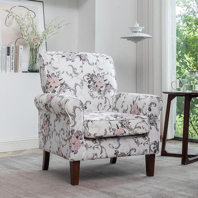 Classic Accent Armchair with Birch Wood Frame and Comfortable Rolled Armrests Arm Chairs for Living Room Bedroom and Office Decor 03 Printed Fabric