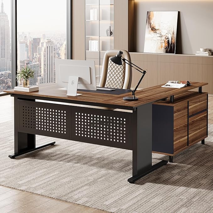 Tribesigns 63-Inch L-Shaped Executive Desk with Storage Shelves Large Office Computer Desk with Drawers and File Cabinet Industrial Business Workstation for Home Office Brown and Black