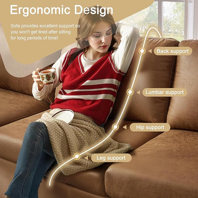 100.8''Sectional Couches for Living Room L Shaped Couch Faux Leather Couch Modular Sofa with Chaise and Back Cushions for BedroomApartment(Brown 100.8'')