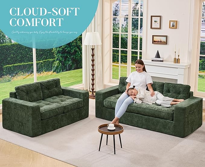 Hobestluk Sofa Couch Loveseat Sofa with Chenille Fabric 2-Seater Sofa for Small Spaces Comfortable Foam Floor Sofa 2 in 1 Boneless Couch for Living Room Bedroom Apartment or Office (Green Loveseat)