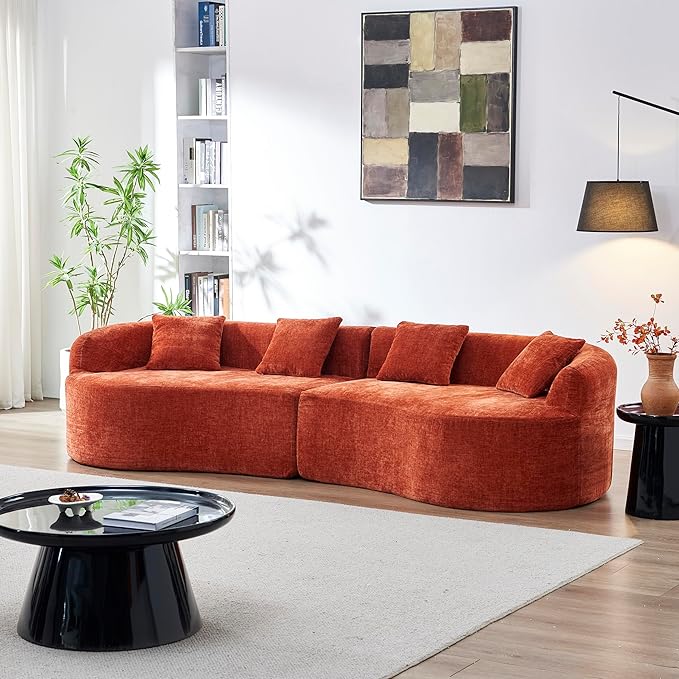KEIKI 111 Curved Chenille Sofa Couch Modern Compressed High-Density Foam Cloud Sofa No Assembly Boneless Sectional with Rolled Arms &amp Pillow Back Oversized Living Room Statement Piece
