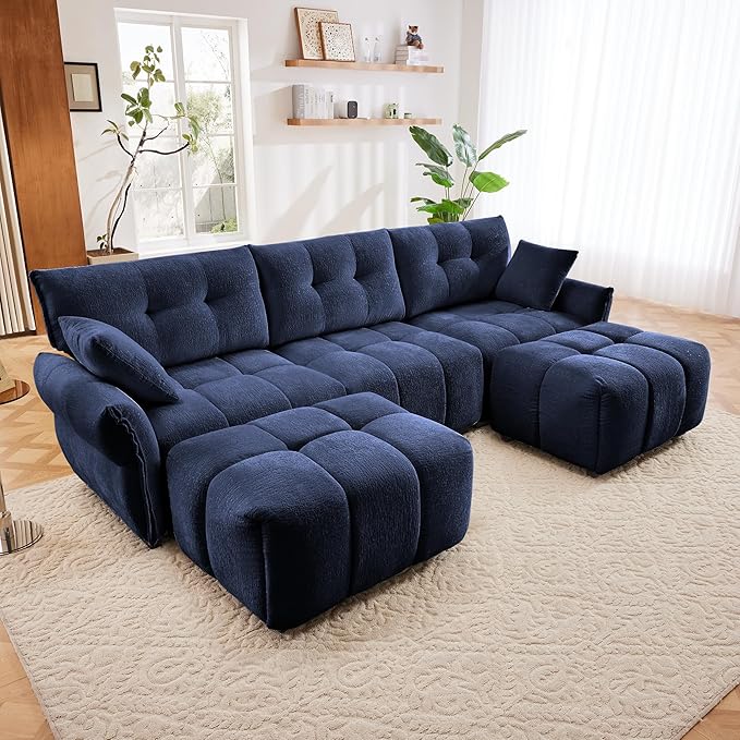 Aoowow Modular Sectional Sofa with Movable Ottoman 110.2” Chenille U Shaped Sofa Couch Upholstered Comfy 3-Seater Couches with Pillows for Living Room Apartment OfficeBlue