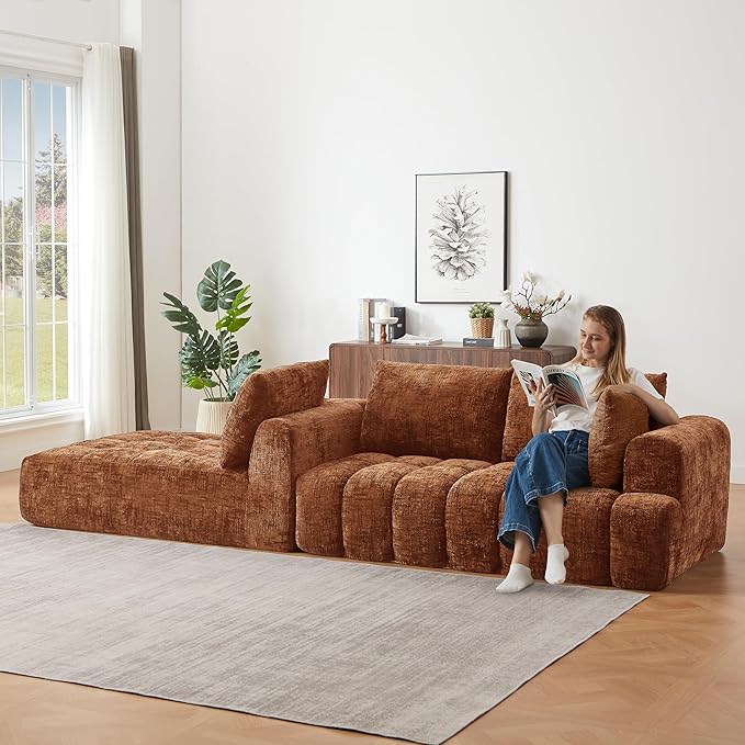108 L-Shaped Sectional Sofa Compressed Boneless Cloud Couch with Left Chaise &amp Pillows Chenille Upholstered 4-Seater Modular Sofa for Living Room No Assembly Sienna Orange