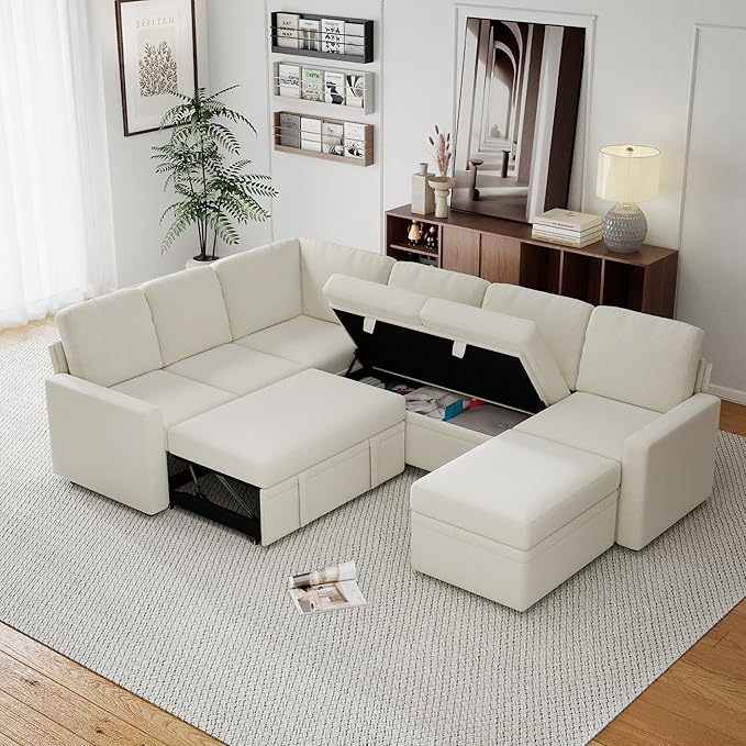 Chenille L Shaped Sofa Couch with Ottoman7 Seater Modular Sectional Sofa with StorageModern Corner Couch BedConvertibe Pullout Sleeper Sofas for Living Room (Chenille Beige 7 Seater)