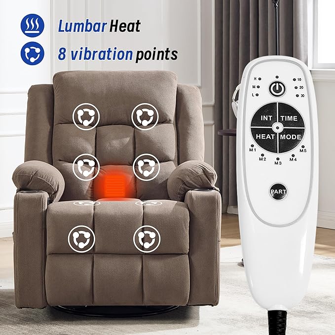 Swivel Recliner Chair for Adults with Massage and HeatManual Glider Rocking Recliner Chair with Cup Holds and PocketsReclining Rocker Chairs for Living Room R8817 (Coffee)
