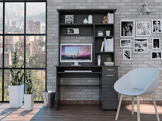 Smokey Oak 2-Drawer 7-Shelf Computer Desk with Hutch Home Office Desk for Home Office Living Room