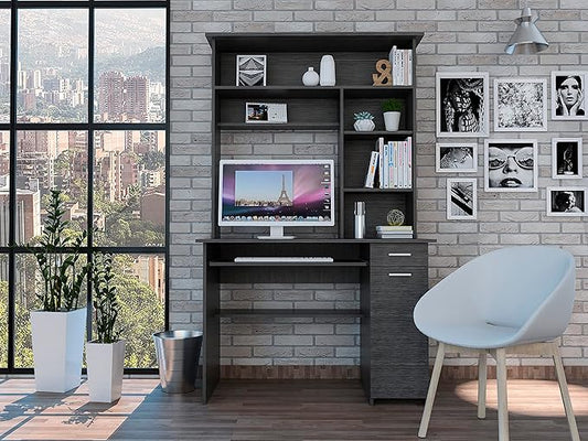 Smokey Oak 2-Drawer 7-Shelf Computer Desk with Hutch Home Office Desk for Home Office Living Room