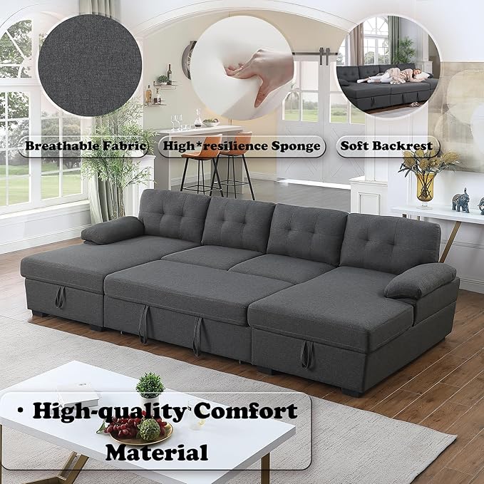 120 U-Shaped Sectional Sleeper Sofa with Pull Out Bed &amp Storage Chaise Lounge Convertible Sofa Bed Couch Functional Modular Sectional Sofa for Living Room Apartment (Dark Gray 4 Seats Sofa Bed