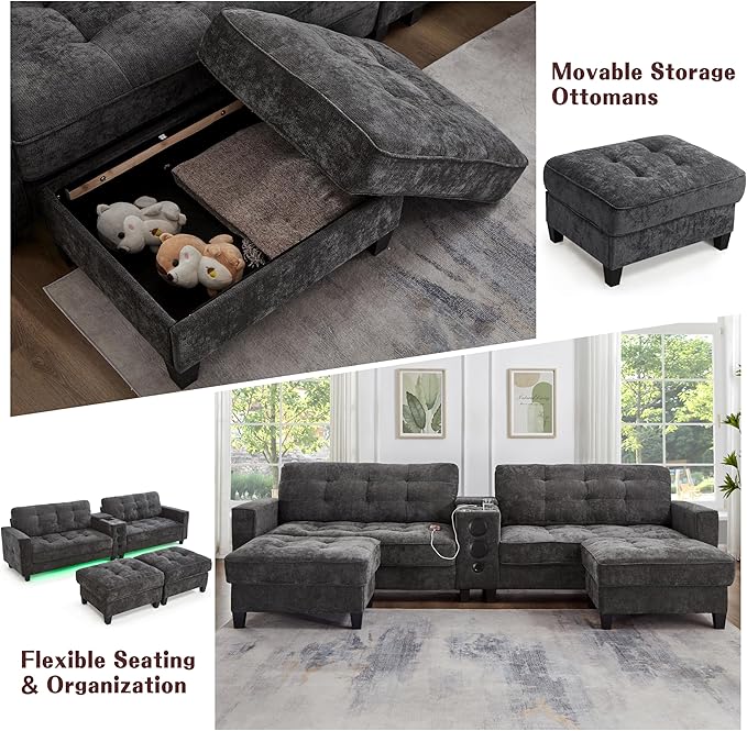 Merax Modern U-Shaped Sectional Sofa with Cupholders Charging Station and Multifunctional Console Chenille Upholstered Modular Couch &amp Movable Storage Ottomans for Living Room Apartment Grey